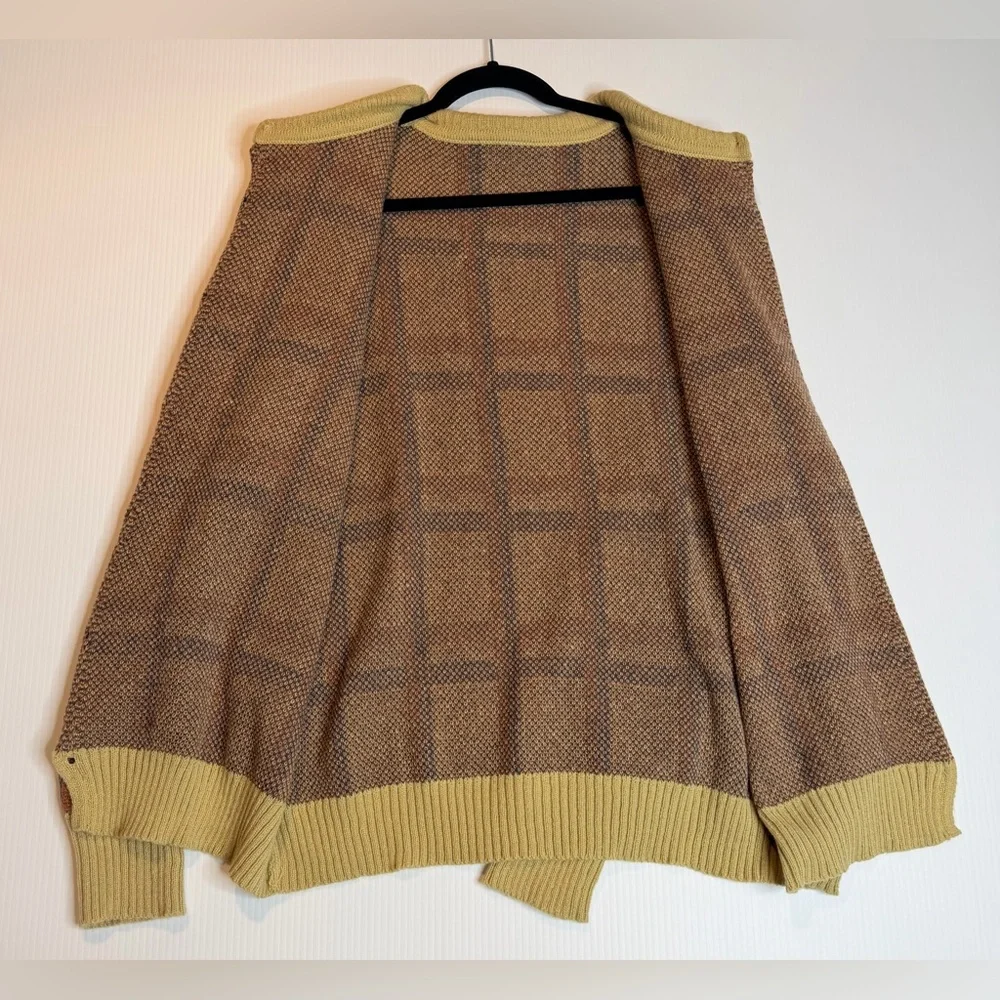 Vintage Grandpa Style Cardigan Sweater Beige Blue Rust Grid Button Front-XL